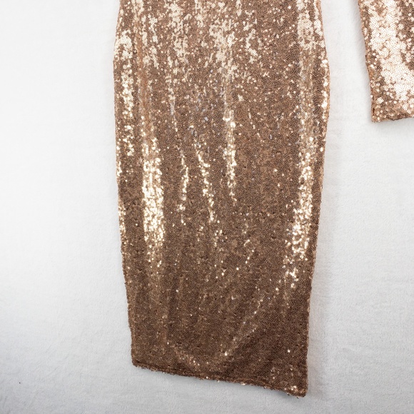 Fashion Nova Dress Small Rose Gold Sequin One Shoulder Midi Side Slit Sexy - Picture 3 of 15